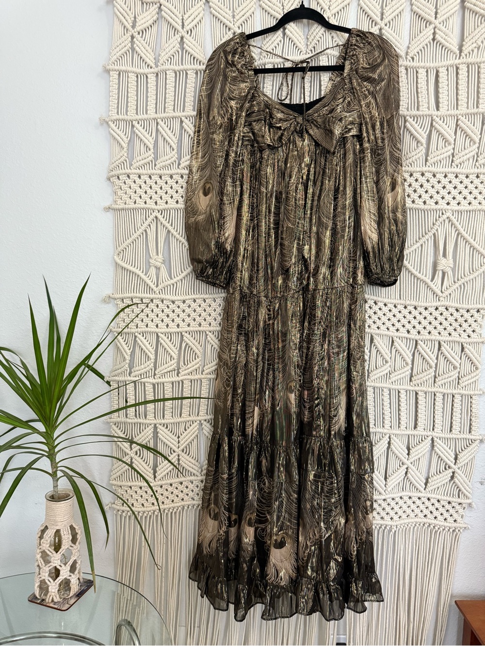 Anthropologie Olive Brown Printed Midi Dress with Sheer Puff Sleeves